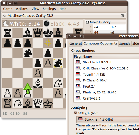 Screenshot showing a human vs. computer game in PyChess with a preferences dialog showing a list of detected chess engines