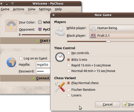 Screenshot showing the PyChess - Welcome screen along with a New Game dialog