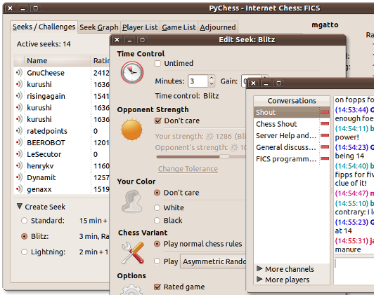 Screenshot showing the FICS Internet Chess Lounge with an Edit Seek dialog and an Internet Chess Chat window